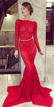 Sexy Red Real Photos Evening Dress Boat Neck Long Sleeve Mermaid Floor Length Vestido De Festa