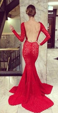 Sexy Red Real Photos Evening Dress Boat Neck Long Sleeve Mermaid Floor Length Vestido De Festa