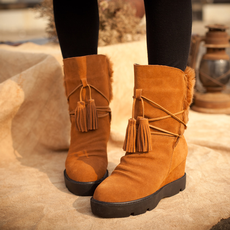 2014 popular cowhide wedges boots thermal women s elevator shoes plush snow boots flat boots tassel
