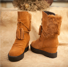 2014 popular cowhide wedges boots thermal women s elevator shoes plush snow boots flat boots tassel