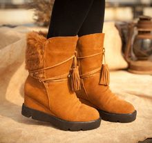 2014 popular cowhide wedges boots thermal women s elevator shoes plush snow boots flat boots tassel
