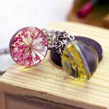 Boutique Real Dried Flower Sea Lavender Glass Ball Double Sided Pendant Chain Necklace FOR WOMEN 50cm