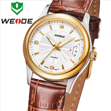 Top Luxury WEIDE calendario completo de cuero genuino de la correa moda mujer visten los relojes de zafiro suizo movimiento de cuarzo reloj 3ATM