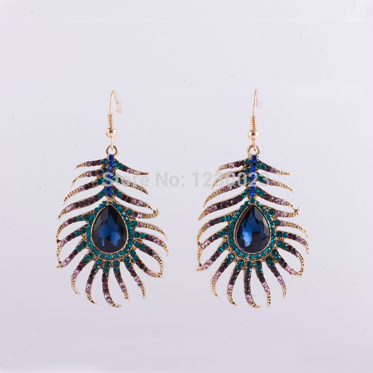 New basketball wives Hook earrings sparkling Blue Rhinestone Peacock Feather Dangle Earrings For Women 2014 sapphire