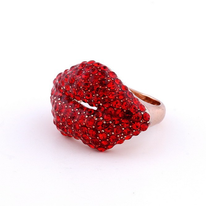 Fine Jewelry Vitage Rings Rose Gold Plated Full Red Crystal Lip Open Mouth Ring Fashion Promise