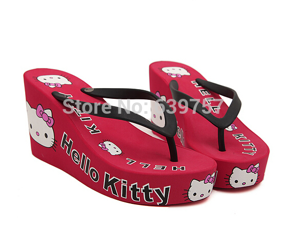 Wedge flip flops for women hello kitty embellished cute design beach slippers free shipping 