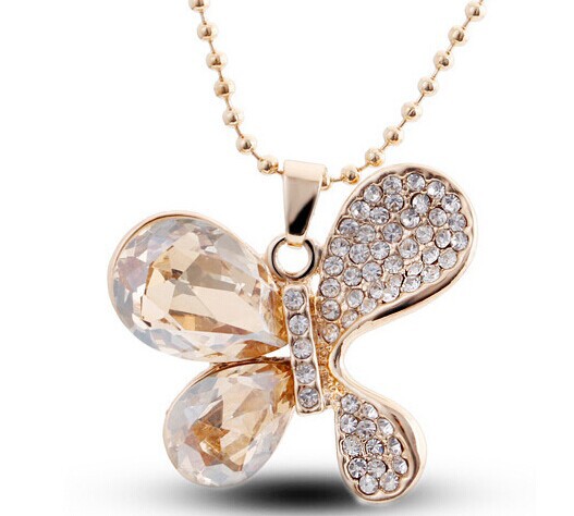 Crystal rhinestone butterfly pendant long necklaces female korean luxury designer jewelry women 2014 necklace bijouterie collar