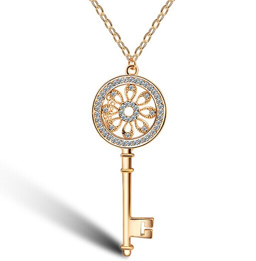 Rhinestone key pendant long rose gold necklace silver chain 2014 fashion jewelry for women sweater accessories