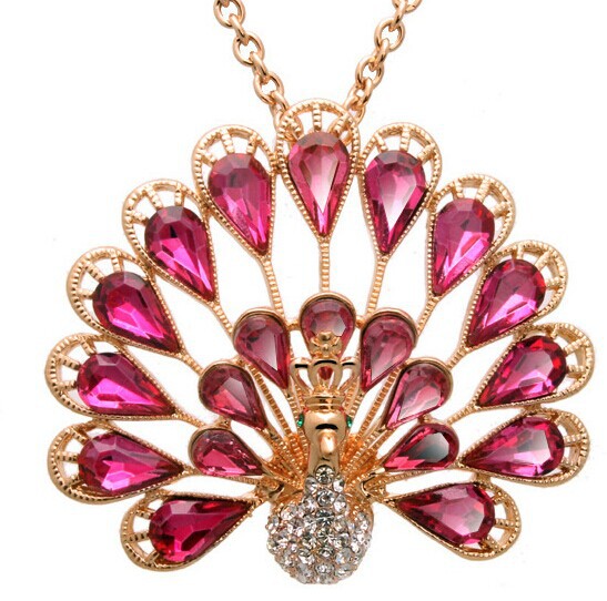 Pink crystal fine jewelry peacock pendant long necklace fashion necklaces for women 2014 collar collier bijoux