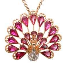 Pink crystal fine jewelry peacock pendant long necklace/fashion necklaces for women 2014/collar/collier/bijoux/bisuteria/jewerly