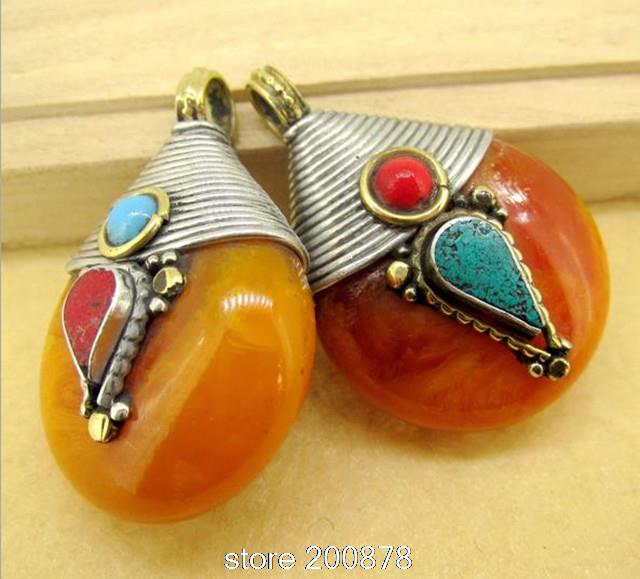TBP702 Tibetan silver capped honey amber pendant Golden Fake Resin vintage drop pendant Wholesale Tibet jewelry