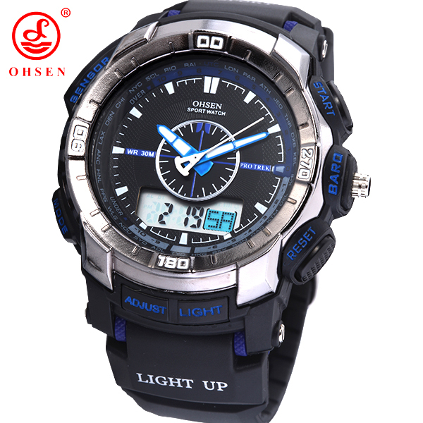 OHSEN LCD Digital Analog Dual Time Date Day Alarm Rubber Band Outdoor Quartz Wristwatch Waterproof Military