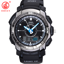 OHSEN LCD Digital Analog Dual Time Date Day Alarm Rubber Band Outdoor Quartz Wristwatch Waterproof Military