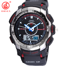 OHSEN LCD Digital Analog Dual Time Date Day Alarm Rubber Band Outdoor Quartz Wristwatch Waterproof Military