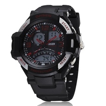2014 acrílico recién llegado relojes Ohsen moda estilo 4 botones multifunción Dual Time Mens Band deporte buceo Watch relojes de pulsera