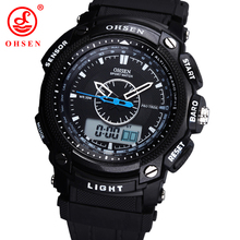 Militar del ejército OHSEN LCD Dual Core reloj para hombre deporte fecha día cronómetro Back Light negro Rubber Band reloj relojes de buceo