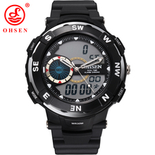 Nueva OHSEN hombres de marca de los muchachos deportivo multifuncional relojes 2 zona horaria de cuarzo reloj Digital del LED impermeable relojes militares