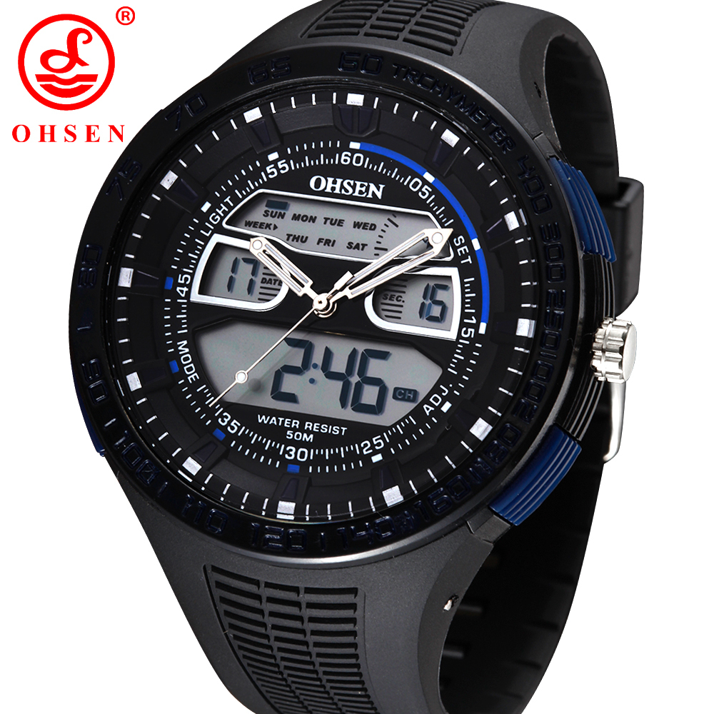 OHSEN Sports Watches Mens 50M Waterproof Quartz Alarm Chronograph Watch Big Dial Blue Rubber Strap Wristwatch