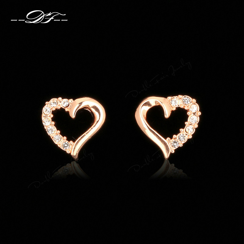 DFE327 Hollow Heart Half Of Crystal 18K Gold Plated Stud Earrings CZ Diamond Fashion Brand Vintage