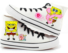 Spongebob Squarepants Style High Lace-Up Hand-Painted Canvas Shoe Women Men Flat Shoelace Fashion Sneaker Parents-children Shoes
