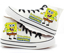 Spongebob Squarepants Style High Lace Up Hand Painted Canvas Shoe Women Men Flat Shoelace Fashion Sneaker