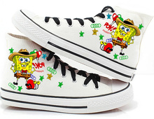 Spongebob Squarepants Style High Lace Up Hand Painted Canvas Shoe Women Men Flat Shoelace Fashion Sneaker