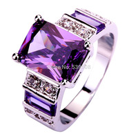 Unisex Jewelry Decent Emerald Cut Purple Amethyst & White Sapphire 925 Silver Ring Size 7 8 9 10 Wholesale Free Shipping