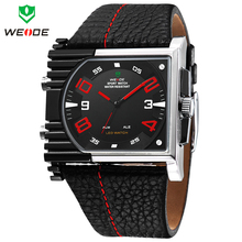 Reloj militar WEIDE 3ATM hombres luminosos de deportes Dual Time Digital Quartz LED alarma de día semana correa de cuero reloj de pulsera para hombre