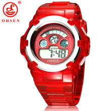 OHSEN Boys Girls Children 7 Colors LED Back Light Digital Multifunctional Military Sports Watches Red Jelly