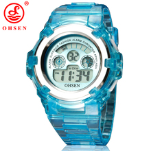 OHSEN Boys Girls Children 7 Colors LED Back Light Digital Multifunctional Military Sports Watches Red Jelly