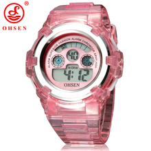 OHSEN Boys Girls Children 7 Colors LED Back Light Digital Multifunctional Military Sports Watches Red Jelly