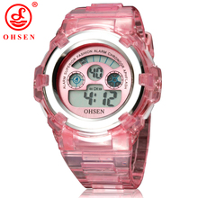 Ohsen marca niños niñas niños 7 colores LED Back Light Digital multifunción deporte militar relojes jalea del reloj del silicón