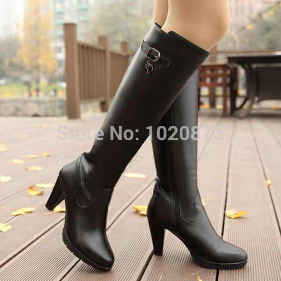 Free Shipping 2014 Fashion Genuine leather knee high equestrian boots winter platform thick heel high heel