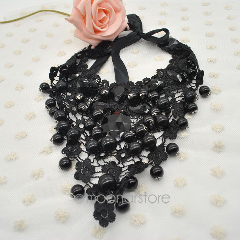 Fashion Lace Ribbon Gem Stone Round Beads Ball Pendant Necklace Bohemia Choker Necklaces Chain Women Jewelry