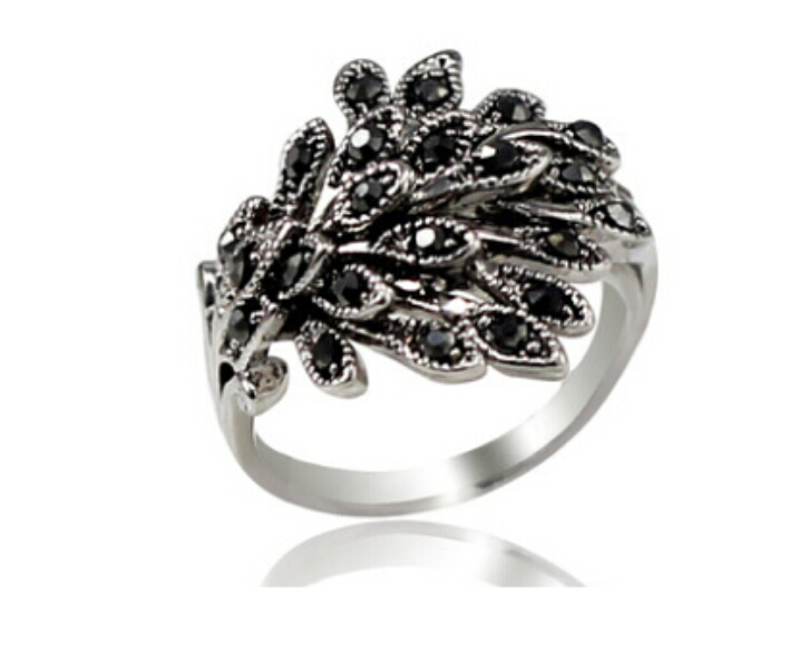 ... Antique-Silver-Plated-Black-Gem-Rhinestone-Peacock-Feather-Rings-For