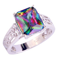 Alluring Openhanded Emerald Cut Engagement Rare Rainbow Topaz Colourful Cute Fashion 925 Silver Ring Size 7 8 9 10
