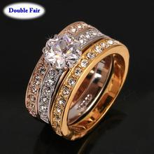 New Classic Designer 3 Round CZ Diamond Paved Engagement Finger Ring For Women 18K Gold Plated Crystal Wedding Jewelry DWR107