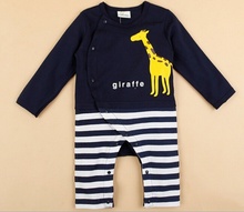 Rompers Baby Boys Animal Elephant Giraffe Rompers White Navy Cotton Long Sleeved Cartoon Romper Baby Clothing