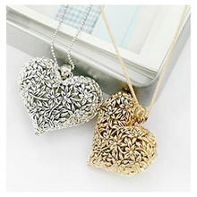 x28 Korean jewelry retro hollow carved bronze wild peach heart long Pendant Necklace 1pcs Free Shipping