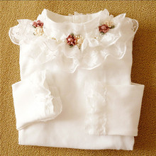 2014 Wholesale Lace Shirt Bottoming Fashion Girls Lace Blouses Children s shirts Top Long Sleeve Flower