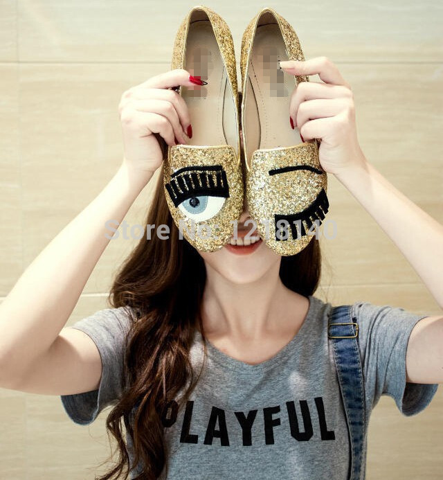 New 2014 Woman Round Flat Shoes Sequined Eyelashes Blink Woman Comfortable Fashion Casual Flats