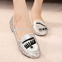 New 2014 Woman Round Flat Shoes Sequined Eyelashes Blink Woman Comfortable Fashion Casual Flats