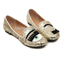 New 2014 Woman Round Flat Shoes Sequined Eyelashes Blink Woman Comfortable Fashion Casual Flats