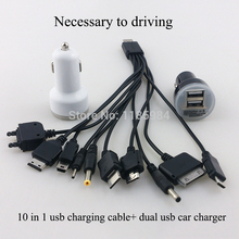Universal No Gap Dual 2 Port USB Car Charger + Multi 10 in 1 Mobile Phone USB Charger Cable For iPhone 5 iPad iPod Samsung Nokia