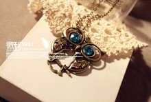 Free shippping Fashion Lovely Vintage Necklace Rhinestone Colorful Cute Bright Beautiful Owl Necklace Promotion Women Jewelry