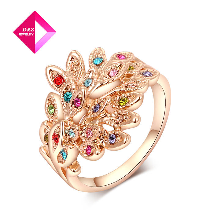 2014Colorful gold plated female fashion imitation diamond peacock ring diamond jewelry ring series