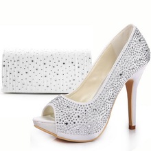 New Arrival HP1411IB Silver Peep Toe Rhinestone 5″ Stiletto Heel Fashion Clutch Satin Wedding Bridal Shoes Bag Set