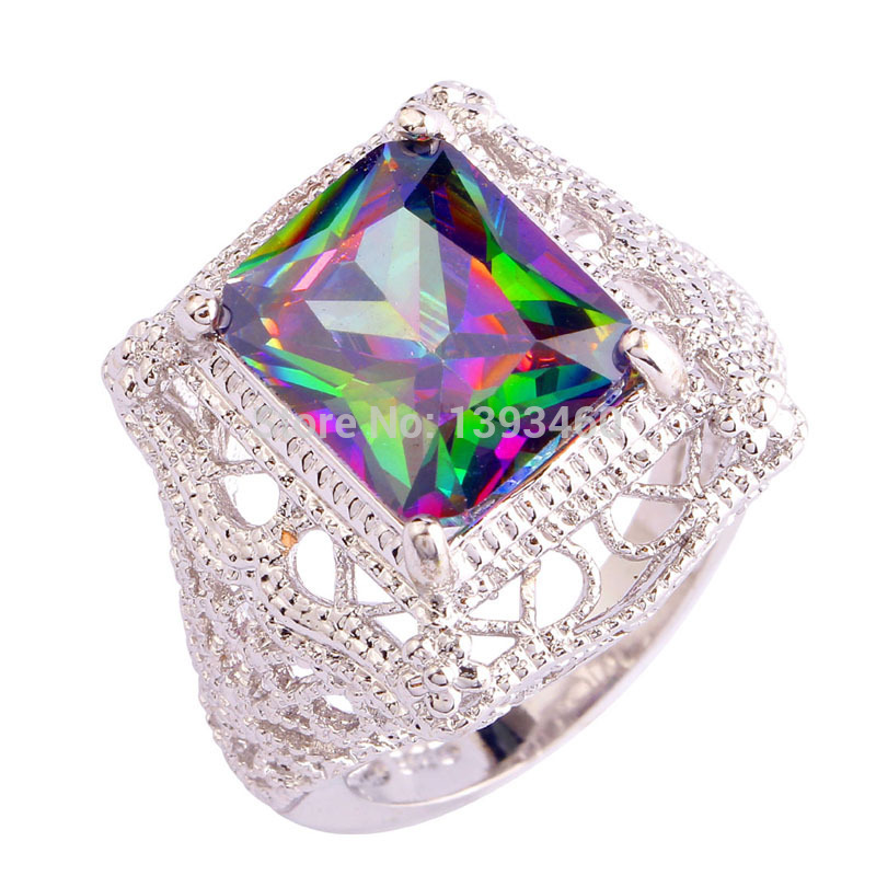2015 Women Mysterious Rainbow Topaz 925 Silver Ring Size 6 7 8 9 10 11 New