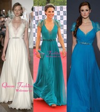 Blue V-Neck Short Sleeve Sash Ruffles Chiffon Full-length Evening Dresse