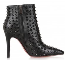 2014 New Arrival Genuine Leather Red Bottom Sole Black Rivets Pointed Toe Sexy High Heel Women